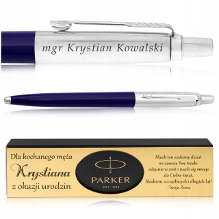 Tradičné modré guľôčkové pero Parker + ORIGINÁLNA DARČEKOVÁ KRABIČKA PARKER + ZLATÁ PLATNIČKA S GRAVÍROVANÝM VENOVANÍM